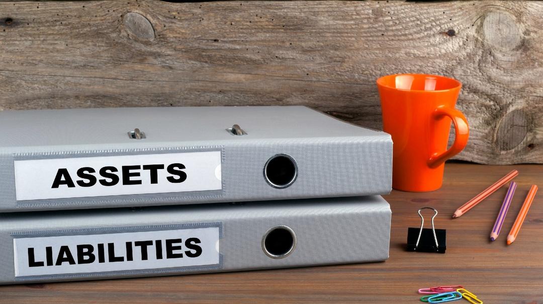 Two separate binders labeled assets and liabilities.