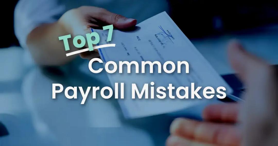 Hands exchanging a document with text 'top 7 common payroll mistakes' overlay, emphasizing payroll issues in a business setting.